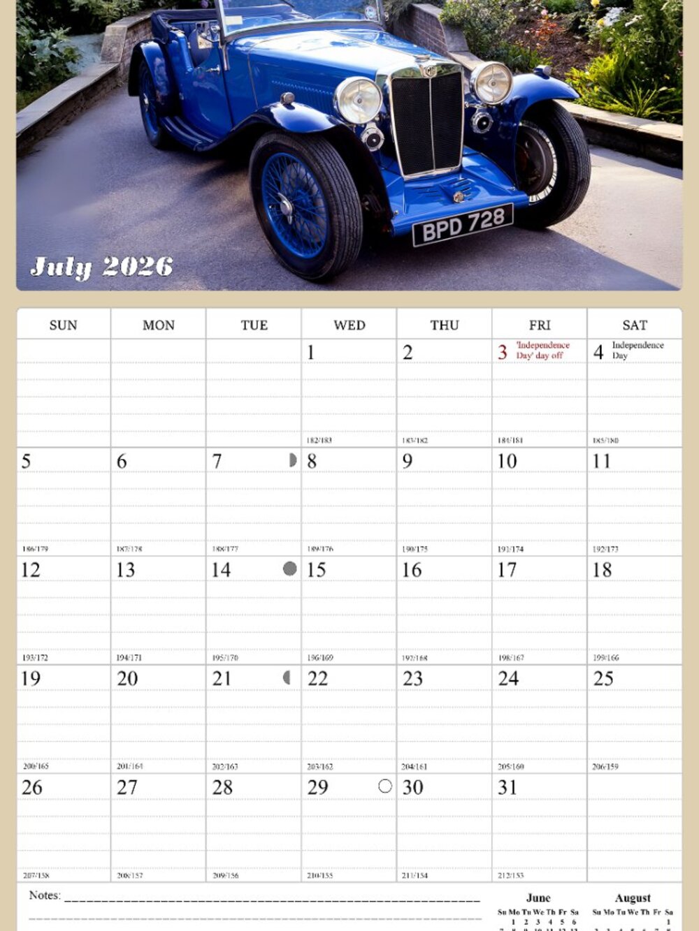 2026 - 2027 Wall Calendar Spiral-bound Twin - 18 Months (Classic Cars) 11" x 17"